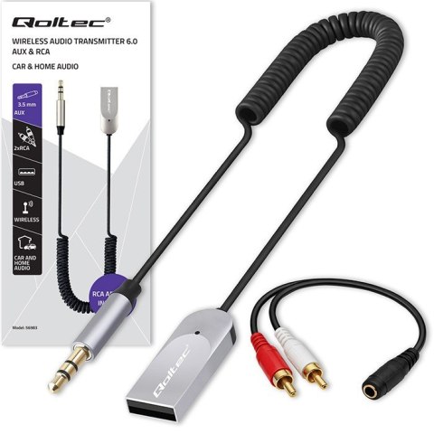 Qoltec Bezprzewodowy adapter odbiornik dźwięku Audio HiFi Home&Car | Bluetooth 6.0 | 2 x RCA | 1 x AUX MiniJack 3.5mm | USB | Mikrofon