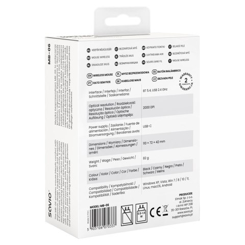 SAVIO MYSZ BEZPRZEWODOWA BT 2.4 GHZ ERGONOMICZNA MB-06