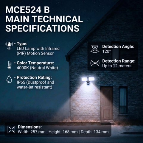 Maclean Ścienna lampa LED, czujnik PIR MCE524B 20W, 1500lm, IP65. neutral white 4000K, czarna