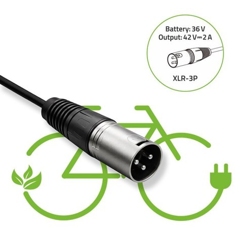 Qoltec Ładowarka do roweru elektrycznego 36V | 42V | 2A | 3P XLR-18mm + kabel zasilający