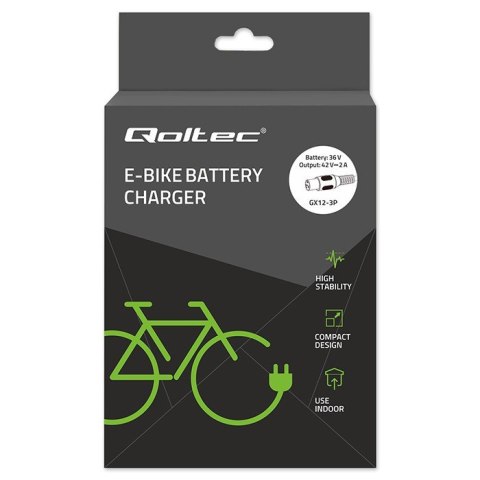 Qoltec Ładowarka do roweru elektrycznego 36V | 42V | 2A | GX12-3Pin + kabel zasilający