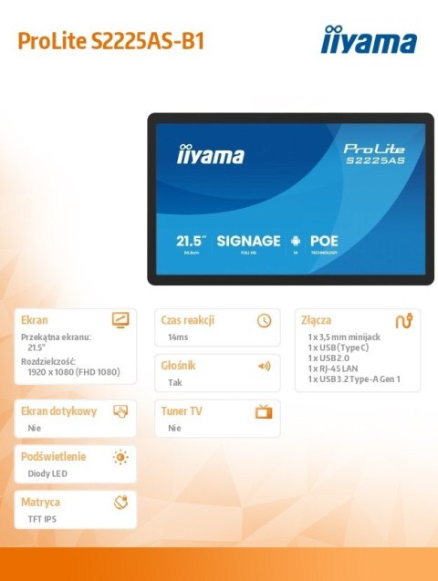 IIYAMA Monitor 21.5 cala ProLite S2225AS-B1 IPS,FHD,A14,24/7,RJ45,500cd2, USB-C,2x5W,iiSignage, WI-FI