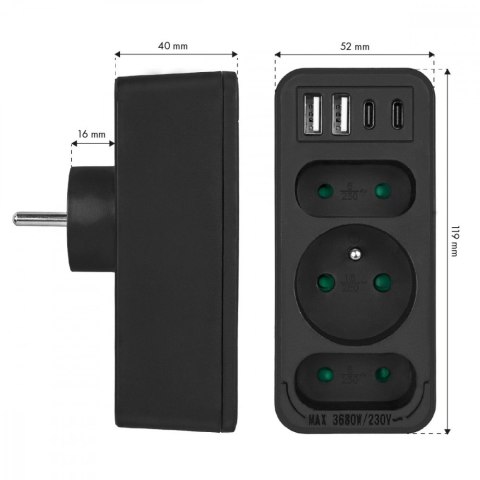 Maclean Rozdzielacz na 3 gniazdka MCE248 F/B 2xUSB-A 2xUSB-C czarny