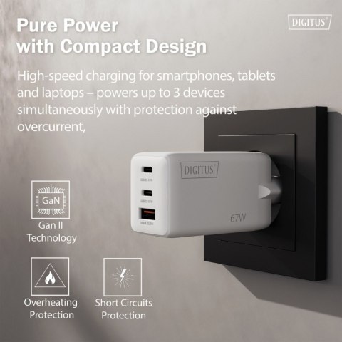 Digitus Ładowarka sieciowa GaN II 67W | 2x USB-C, 1x USB-A | PD 3.0, QC 3.0 | Biała