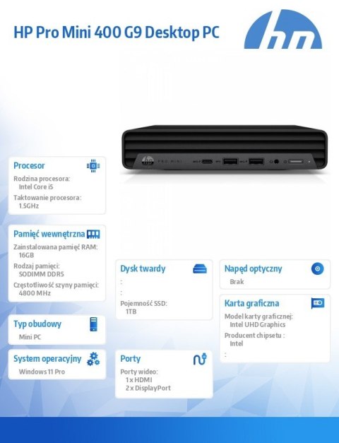 HP Inc. Komputer Pro Mini G9 i5-14400T 1TB/16GB/W11P B6ZD6ET