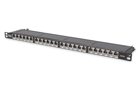 Panel krosowy high density 19'' 24x RJ45, LSA poziom, kat.6, ekranowany, 0.5U, czarny, prowadnica kabli