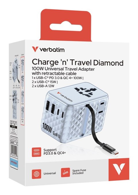 Uniwersalny zasilacz podróżny VERBATIM Charge 'N' Travel 100 W ze zwijanym kablem niebieski