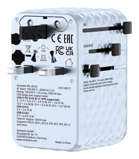 Uniwersalny zasilacz podróżny VERBATIM Charge 'N' Travel 100 W ze zwijanym kablem niebieski