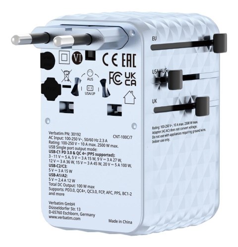 Uniwersalny zasilacz podróżny VERBATIM Charge 'N' Travel 100 W ze zwijanym kablem niebieski