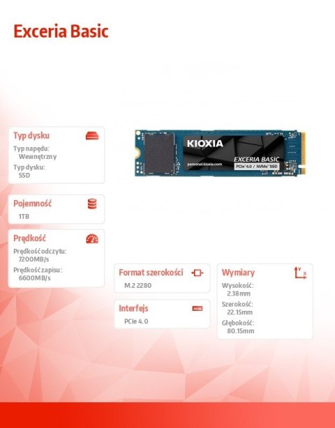 Kioxia Dysk SSD Exceria Basic 1TB NVMe PCIe 4.0 7200/6600