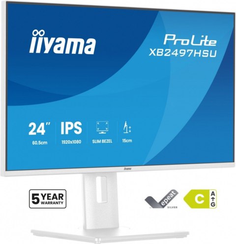 IIYAMA Monitor ProLite 23.8 cala XB2497HSU-W1 IPS,FHD,HDMI,DP,120Hz,350CD,2xUSBv3.2, 2xUSB-C, GW 5lat, HAS 150/PIVOT, BIAŁY