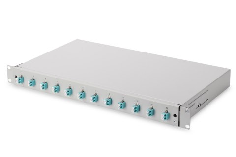Panel krosowy FO z wyposażeniem 19'' 1U, 12x LC dx, OM3, pigtaile, adaptery, tacki, wysuwany, szary