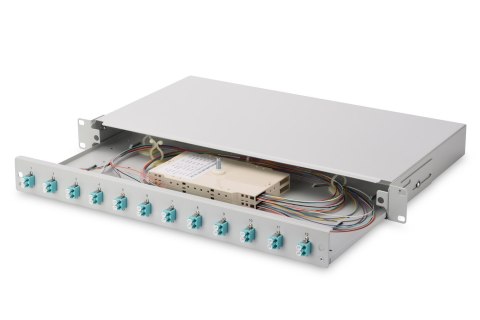 Panel krosowy FO z wyposażeniem 19'' 1U, 12x LC dx, OM3, pigtaile, adaptery, tacki, wysuwany, szary
