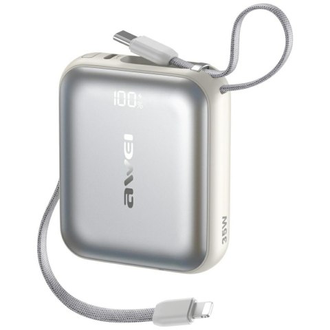 AWEI Powerbank AS-181 35W 10000mAh + kable Lightning i USB-C srebrny