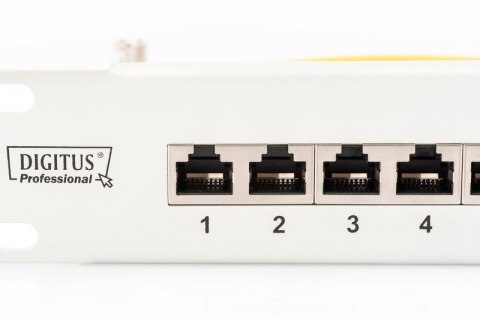 Patch panel DIGITUS DN-91624S-EC 19'' 24x RJ45, LSA poziom, kat.6, ekranowany, 1U, czarny, prowadnica kabli, pola opisowe