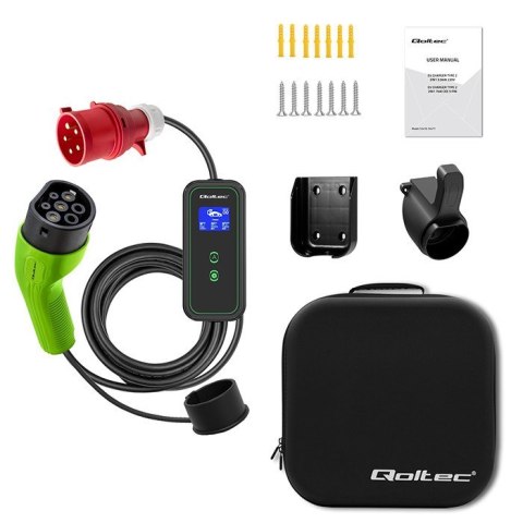 Qoltec Mobilna ładowarka do samochodu elektrycznego EV z regulacją 2w1 Typ2 | 11kW | CEE 5 PIN | LCD | 3 fazy | Przenośna | Wall