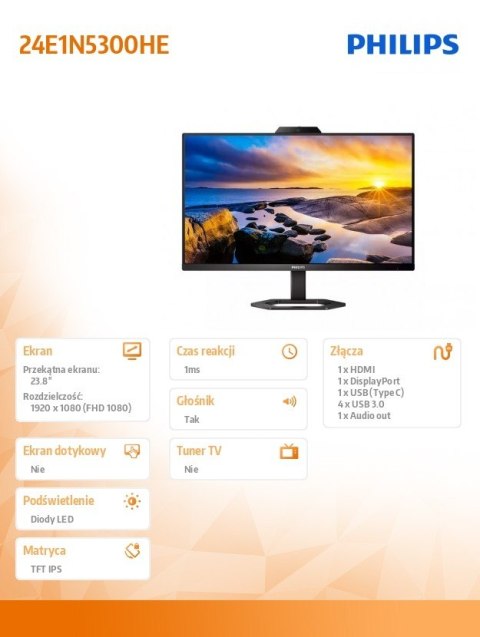 Philips Monitor 24E1N5300HE IPS 23.8 cala HDMI DP USB-C Pivot