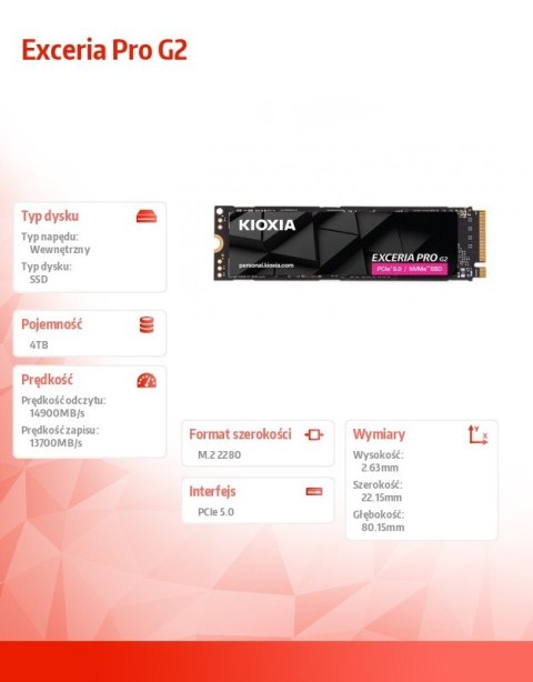 Kioxia Dysk SSD Exceria Pro G2 4TB NVMe5.0 2280 14900/13700 Mb/s