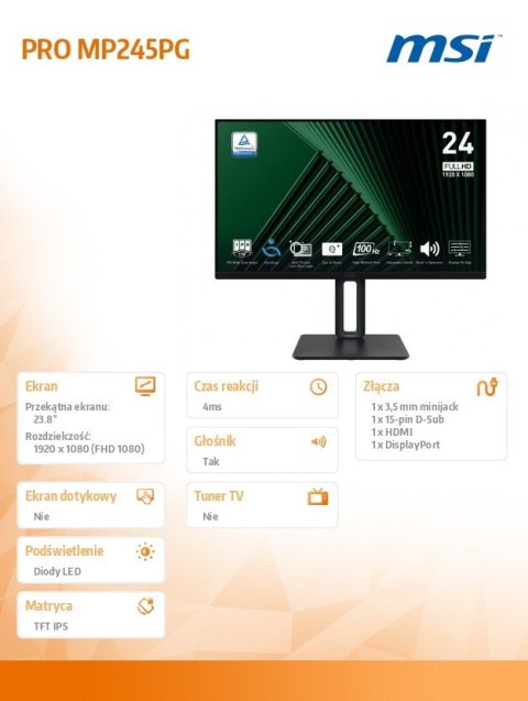 MSI Monitor 23.8 cala PRO MP245PG LED/FHD/Flat/100Hz/czarny
