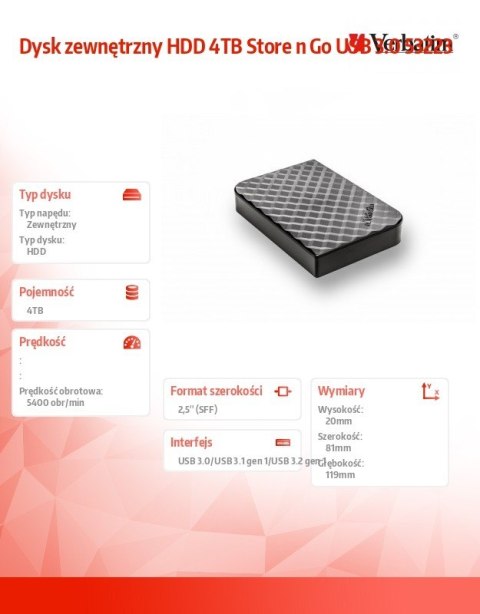 Verbatim Dysk zewnętrzny HDD 4TB Store n Go USB 3.0 53223