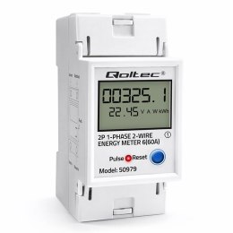 Qoltec Jednofazowy elektroniczny licznik zużycia energii na szynę DIN | RESET | licznik okresowy i stały | 230V | 60A | LCD | LED | 2P