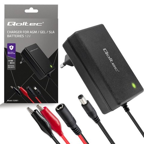 Qoltec Ładowarka do akumulatora AGM GEL | Prostownik 12V | 2A | 24W | 5.5x2.1 | kabel 1.8m