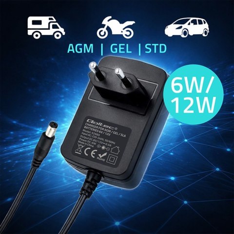 Qoltec Ładowarka do akumulatora AGM GEL STD | Prostownik 6V/12V | 6W | 5.5x2.1 | kabel 1.8m