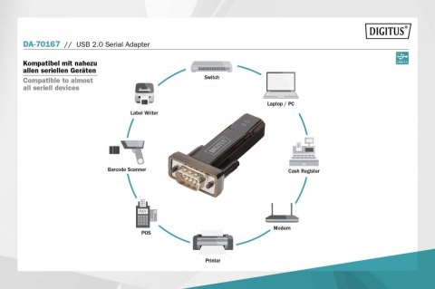 Digitus Konwerter / Adapter USB-A 2.0 męski do RS232 (DB9) męski | Chipset Prolific PL2303GT | Mocowanie na śruby | z dodatkowym kablem 