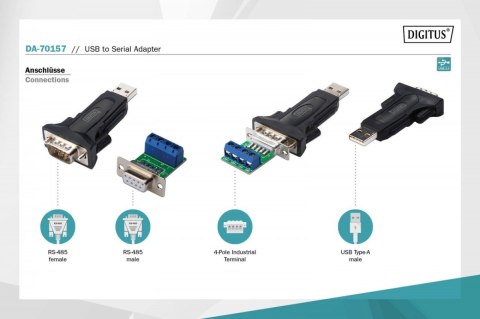 Digitus Konwerter / Adapter USB-A 2.0 męski do RS485 (DB9) męski + 3-pinowa listwa śrubowa| Chipset FTDI FT232RL | z dodatkowym kablem 0