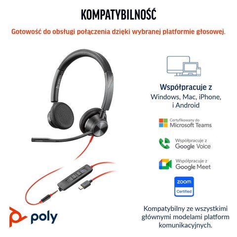 Poly Blackwire 3325 Stereo Microsoft Teams Certified USB-C Headset +3.5mm Plug +USB-C/A Adapter