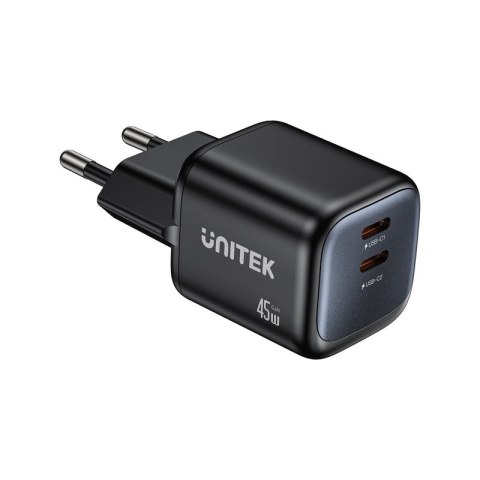 UNITEK ŁADOW. SIECIOWA 2X GAN 45W, 2XUSB-C PD 3.0, QC, CZARNA