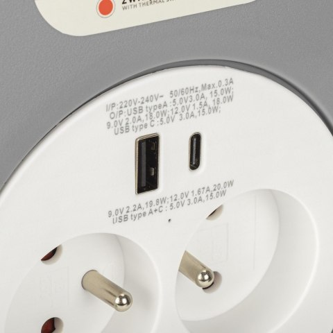MONTIS PRZEDŁUŻACZ DOMOWY ZWIJANY Z DWOMA GNIAZDAMI USB TYPU A+C 10M SZARY MT188