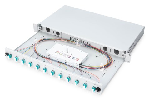 Panel krosowy FO z wyposażeniem 19'' 1U, 12x LC dx, OM3, pigtaile, adaptery, tacki, wysuwany, szary