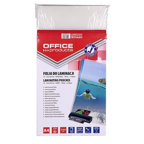 OFFICE PRODUCTS Folia do laminowania, A4, 2x80mikr., błyszcząca, 100szt., transparentna