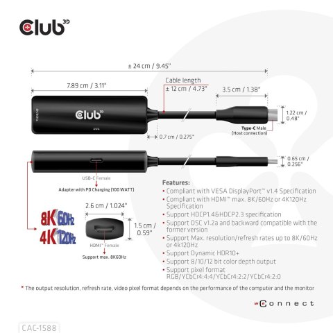 CLUB3D CAC-1588 adapter kablowy 0,17 m USB Type-C HDMI Czarny