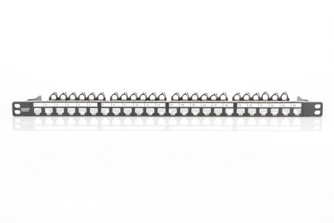 Panel krosowy high density 19" 24x keystone, ekranowany, 0.5U, czarny, prowadnica kabli, pola opisowe