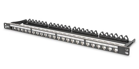 Panel krosowy high density 19" 24x keystone, ekranowany, 0.5U, czarny, prowadnica kabli, pola opisowe