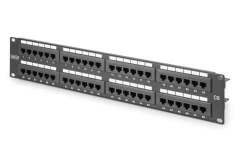 Digitus Panel krosowy (patch panel) 19'' 48x RJ45, LSA pion, kat.6, nieekranowany, 2U, czarny, prowadnica kabli, pola opisowe
