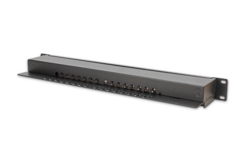 Digitus Panel krosowy (patch panel) 19'' 16x RJ45, LSA poziom, kat.6, ekranowany, 1U, czarny, prowadnica kabli