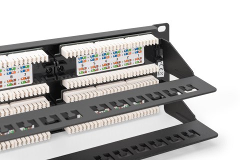 Digitus Panel krosowy (patch panel) 19'' 48x RJ45, LSA pion, kat.6, nieekranowany, 2U, czarny, prowadnica kabli, pola opisowe