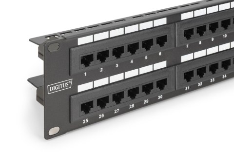 Digitus Panel krosowy (patch panel) 19'' 48x RJ45, LSA pion, kat.6, nieekranowany, 2U, czarny, prowadnica kabli, pola opisowe
