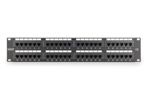 Digitus Panel krosowy (patch panel) 19'' 48x RJ45, LSA pion, kat.6, nieekranowany, 2U, czarny, prowadnica kabli, pola opisowe