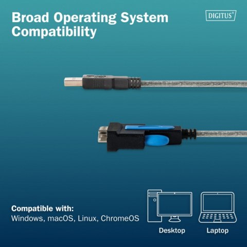 Digitus Kabel adapter USB 2.0 do RS232 (DB9) | Chipset FTDI (FT232RNL) | PVC, transparentny | Mocowanie na śruby | 1.8m