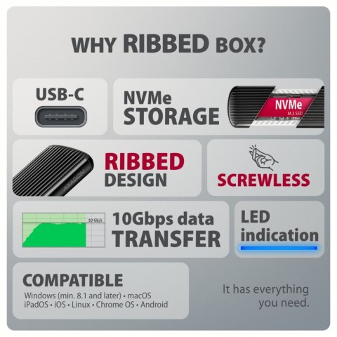 AXAGON EEM2-SC Obudowa zewnętrzna aluminiowa bezśrubowa USB-C 3.2 Gen 2 10Gbps - M.2 NVMe SSD, długość 30 do 80 mm szary