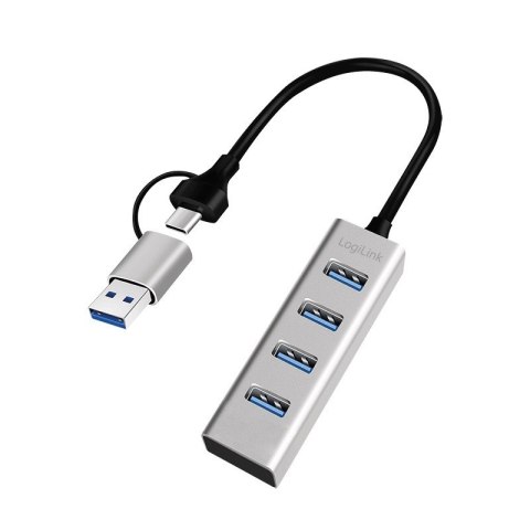 LogiLink Hub USB 3.0, 4x USB-A, 5 Gb/s, przewód 2w1 USB-A/USB-C, srebrny