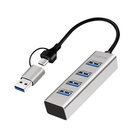 LogiLink Hub USB 3.0, 4x USB-A, 5 Gb/s, przewód 2w1 USB-A/USB-C, srebrny