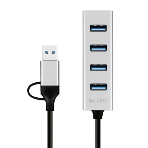 LogiLink Hub USB 3.0, 4x USB-A, 5 Gb/s, przewód 2w1 USB-A/USB-C, srebrny
