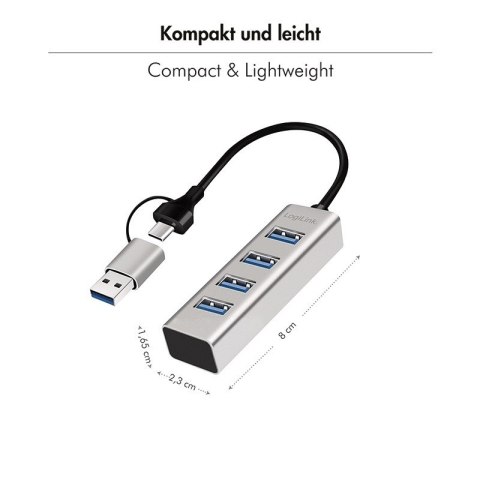 LogiLink Hub USB 3.0, 4x USB-A, 5 Gb/s, przewód 2w1 USB-A/USB-C, srebrny
