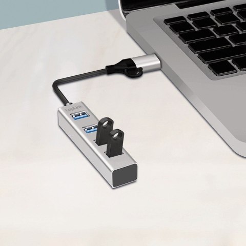 LogiLink Hub USB 3.0, 4x USB-A, 5 Gb/s, przewód 2w1 USB-A/USB-C, srebrny