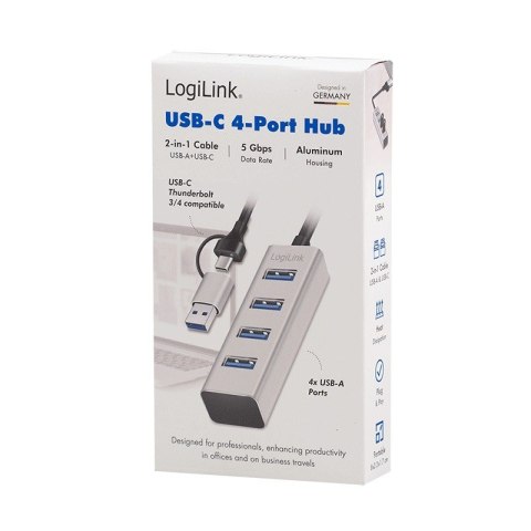 LogiLink Hub USB 3.0, 4x USB-A, 5 Gb/s, przewód 2w1 USB-A/USB-C, srebrny